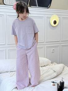 Dazy Kids 青少年女孩纯色短袖上衣和格子裤家居服睡衣套装，女孩夏季服装，返校服装 - 紫色 - 查看 3