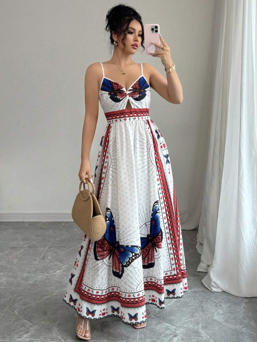 Elenzga 优雅蝴蝶印花无袖连衣裙 - 彩色 - 查看 1