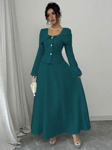 Elenzga Women's Solid Color Front Button Long Sleeve Top And Skirt Elegant 2 Pieces Set - Dark Green - View 4