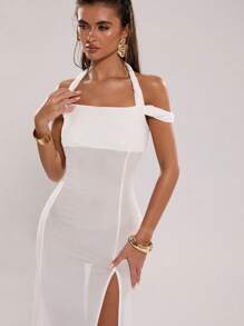 SHEIN BAE Women Open Shoulder Solid Color Side Slit Hem Sexy Cover-Up Dress - White - View 4