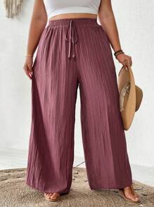 SHEIN CURVE+ 大码女装新款春夏商务休闲女士沙滩装，时尚通勤优雅阔腿裤，带口袋，海滩度假装 - 中紫紅色 - 查看 7