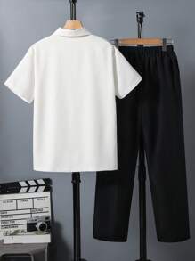 2 件套休闲青少年男孩绅士衬衫和裤子套装，简约时尚，适合春夏日常穿着、学校活动、生日派对 - 彩色 - 查看 2