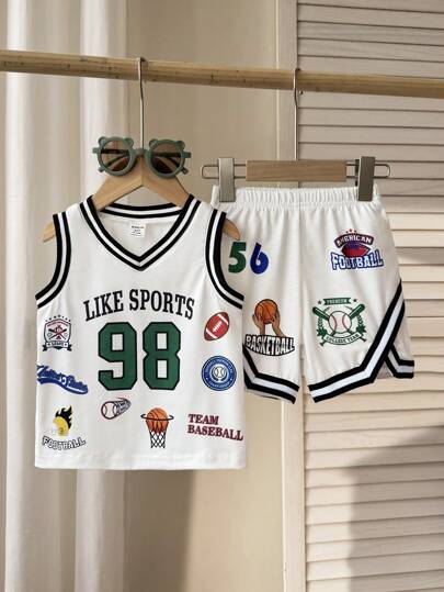 SHEIN Playful Pals 2 件套 婴儿/幼儿男孩休闲运动简约百搭字母和数字印花 V 领无袖上衣和短裤套装