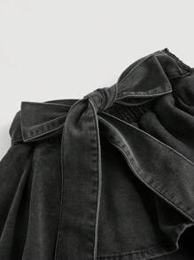 SHEIN MOD Plus Size Denim Mini Skirt With Bow Decor, Blue - Black - View 4