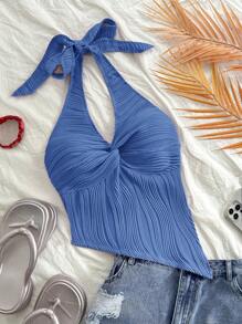 Soleia 性感休闲吊带扭纹不对称下摆修身背心 - 藍色 - 查看 7