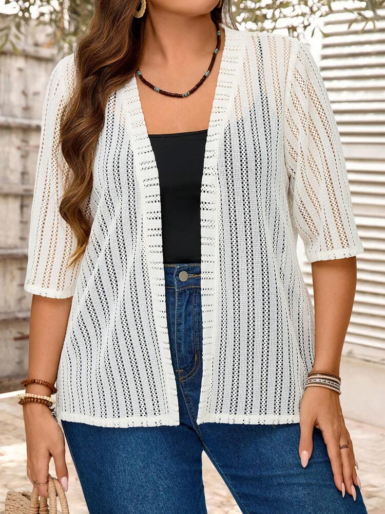 Plus Size Long Sleeve Plain Knitted Hollow Jacquard Coat, Minimalist And Fashionable For Summer,Vacation Woman Summer For Women Office Wear, Vacation Woman, Summer For Women Festival Boho,Holiday,Spring