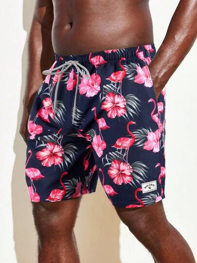 Surfspeed Men's Plus Size Plant Printed Drawstring Beach Shorts,Hawaiian