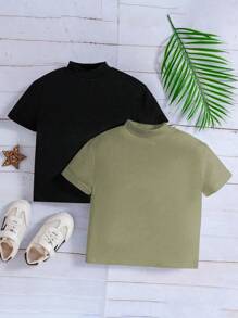 SHEIN 2pcs/Set Young Boy Casual Basic Knitted Short Sleeve T-Shirt And Fashionable Sports Stand Collar Shirt For Summer Top For Kids>Plainplain Baby Boys Setsplain Teesgetaway,Holiday,Travel,Relax,Sunbathing,Summer - Multicolor - View 1