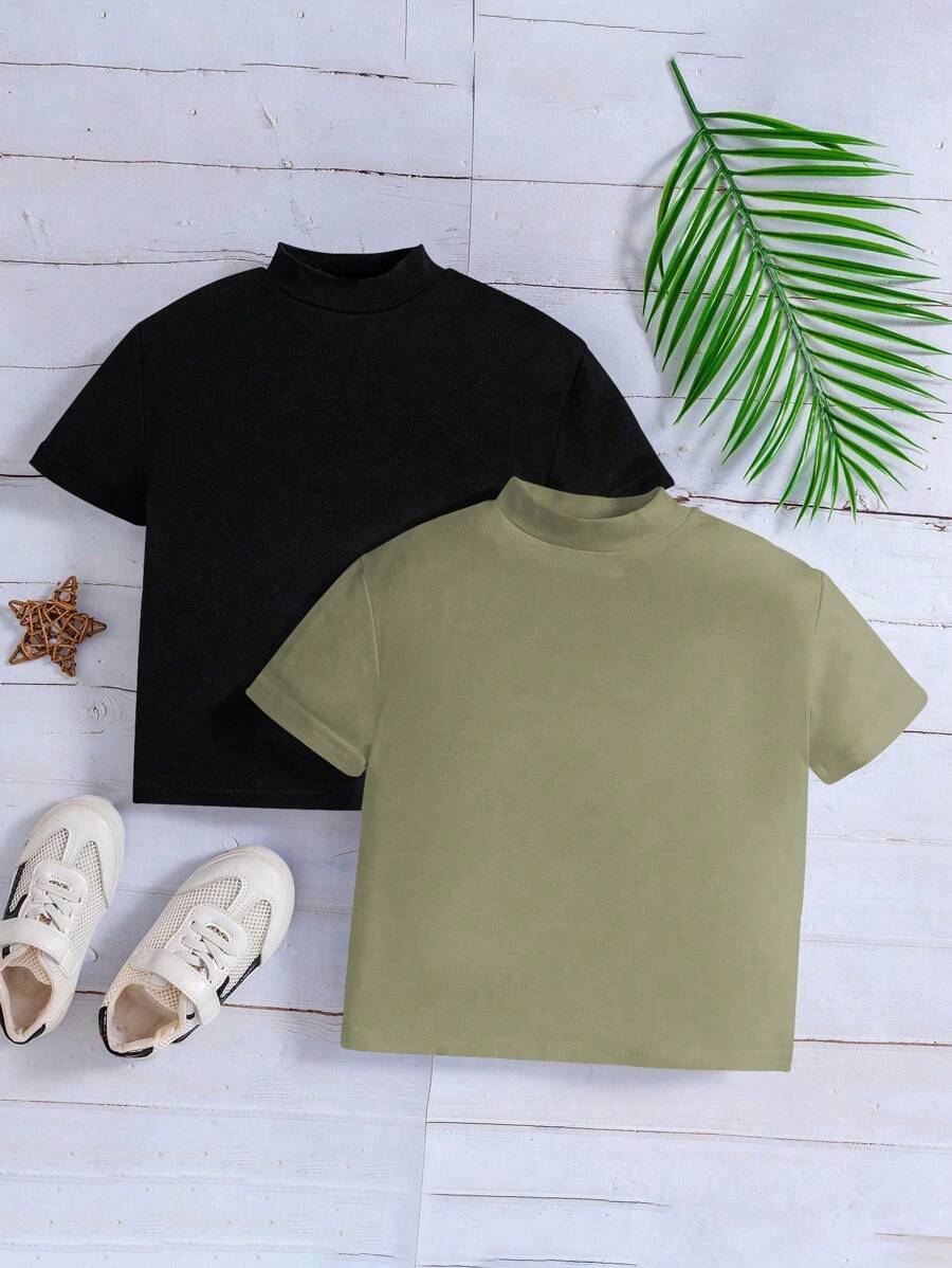 SHEIN 2pcs/Set Young Boy Casual Basic Knitted Short Sleeve T-Shirt And Fashionable Sports Stand Collar Shirt For Summer Top For Kids>Plainplain Baby Boys Setsplain Teesgetaway,Holiday,Travel,Relax,Sunbathing,Summer - Multicolor - View 1