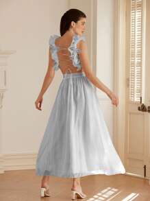 Aveloria Rosie Sexy Italian Solid Color Cross Strap Backless V-Neck Mermaid Dress, Satin Sheen, Sleeveless For Women Elegant FashionableOld Money Style Fall Cloth For Women