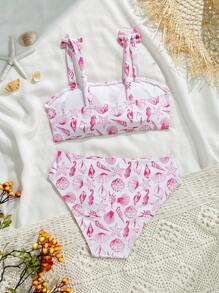 SHEIN Girls Retro Shell Print Bikini Set, Cute Bow Patchwork Swimwear, Suitable For Beach Holiday Swimming In Summer - Red - View 2