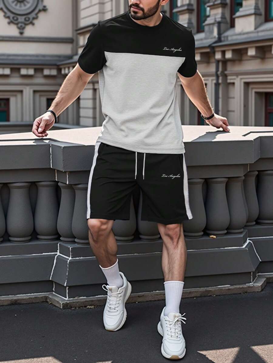 Manfinity Homme Herren Lässig Farbblock Buchstaben Muster Kurzarm T-Shirt und Shorts Set, Sommer