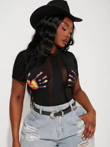 SHEIN SXY Plus Size Women Sheer Splice Patchwork Hand Thermal Imaging Print Sexy Bodysuit, Suitable For Everyday Wear, Music Festival, Concert, Carnival Party, Beach Vacation, Date Night, Birthday, Bachelorette Party Outfit, Club, Cute, Casual, Shopping, Streetwear, Going Out, Easy To Match & Looks Slim, Accent Your Body, Flatter The Figure - Black - View 7