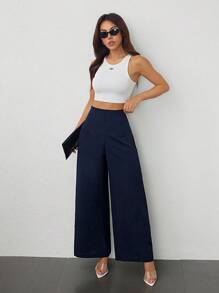 SHEIN PETITE 女士简约休闲时尚返校季老款通勤高腰纹理阔腿裤