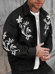 Manfinity Homme Men Floral Print Long Sleeve Single-Breasted Casual Jacket , Men Graphic Jackets , Jackets For Men Fashion - Black - View 2