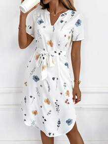 SHEIN Clasi 女士 V 领系带蝴蝶结短袖优雅日常穿着花卉印花中长连衣裙 - 彩色 - 查看 5