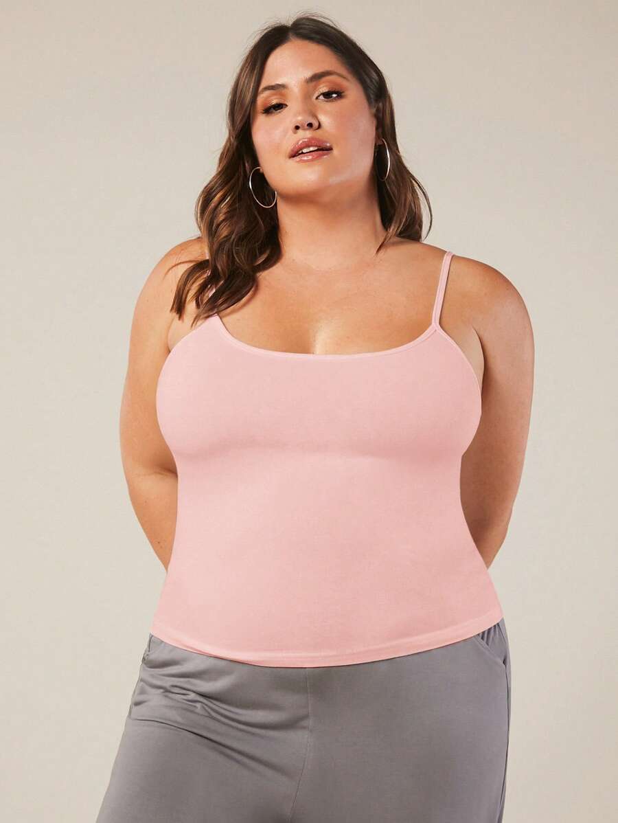 SHEIN BASICS 大码女式夏季纯色修身吊带背心 - 粉色 - 查看 1