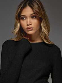 MISSGUIDED Ribbed Knit Fitted Long Sleeve Top Classic Crewneck Fall Winter Essential Layering Basic Sweater Slim Fit Stretchy Pullover Casual Wear - Black - View 6