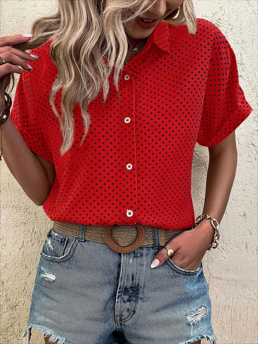EMERY ROSE Polka Dot Print Front Button Up Short Sleeve Summer Casual Shirt - Red - View 1
