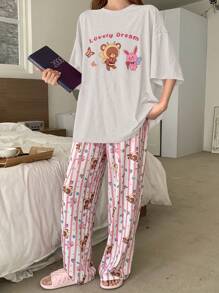 DAZY Set de pijama de 2 piezas para mujer con estampado de dibujos animados, de manga corta y holgado