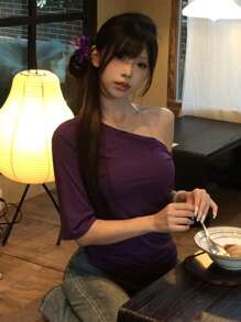 DAZY 女士修身短款露背短袖纯色休闲 T 恤 - 紫色 - 查看 7