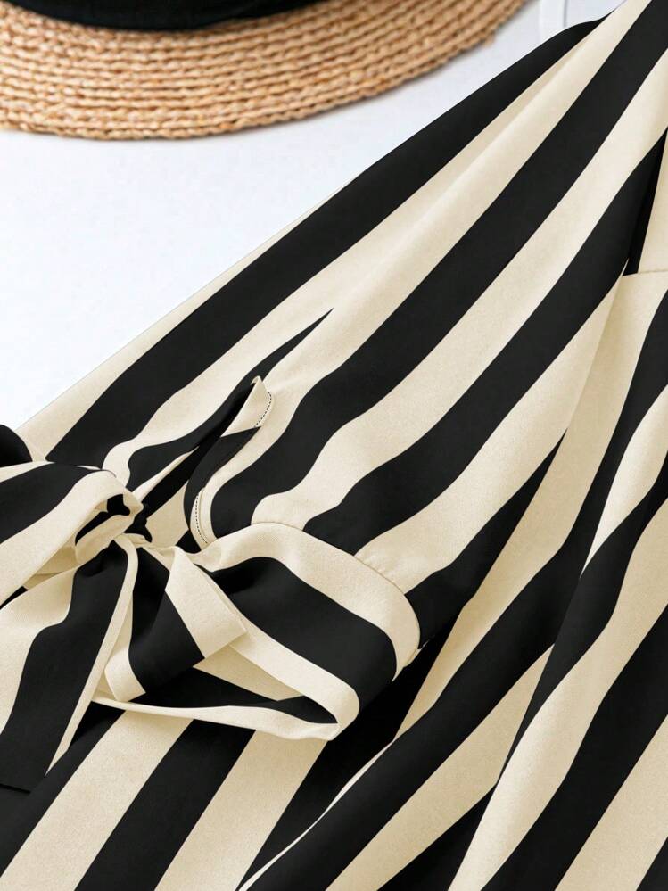 Camisa casual de talla grande con cuello con muesca y rayas para días festivos - Albaricoque - Añade 3