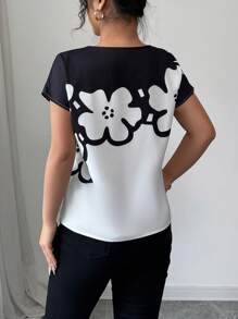 Elenzga 女士优雅通勤撞色花卉印花衬衫 - 彩色 - 查看 2