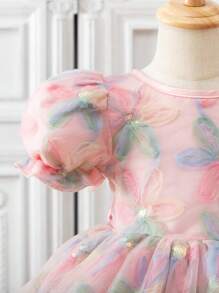 Souflis Souflis Young Girl Floral Print Puff Sleeve Mesh Dress - Pink - View 5