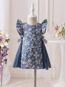 Toddler Girls' Ruffle Sleeve Dress, Black-Gold Color-Blocked Butterfly Decor Mesh Panel Design, Elegant & Luxurious, Suitable For Party, Gathering, Spring & Summer - Blue - View 3