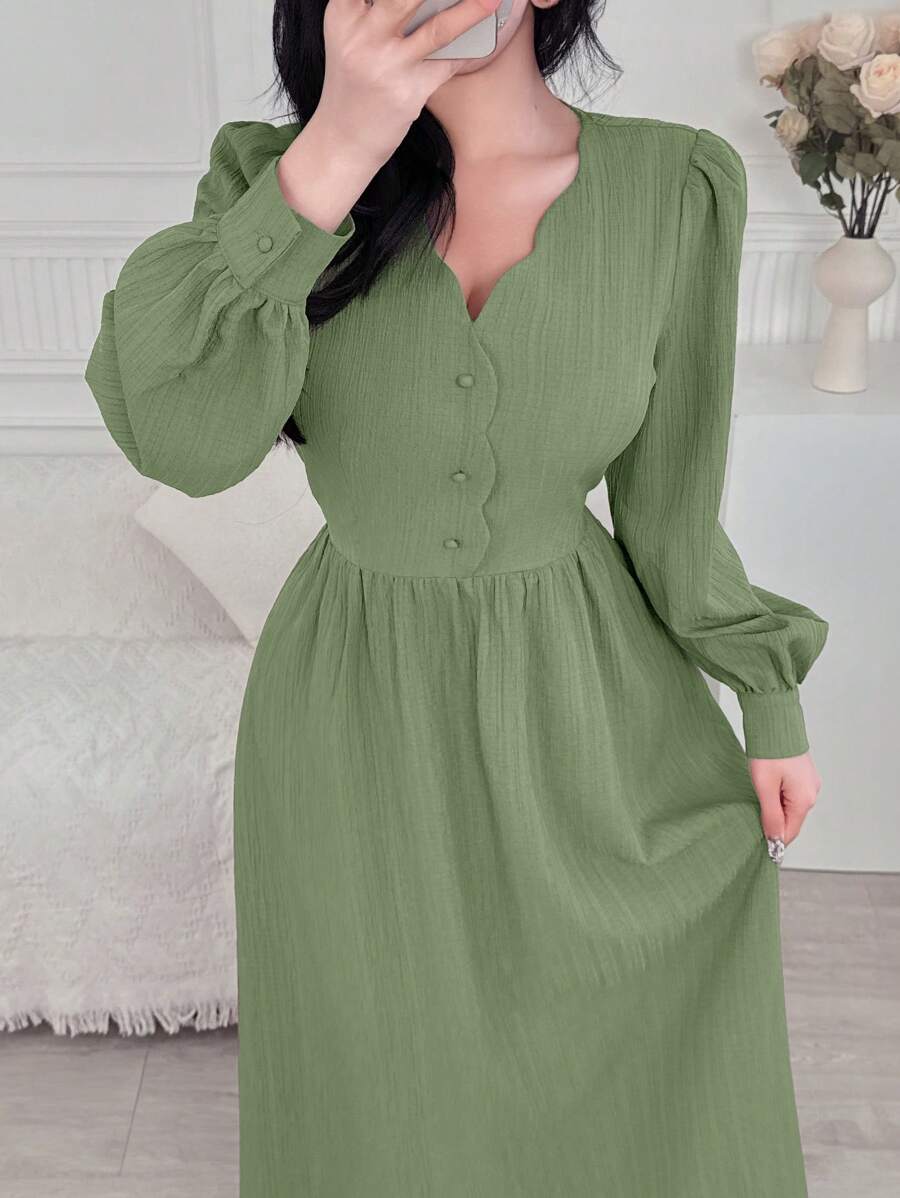 Feyla Women's Solid Color V-Neck Ruffled Long Sleeve Single-Breasted Elegant Dress