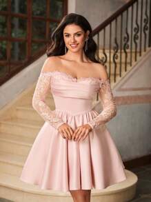 Lovelzi 优雅撞色蕾丝露肩薄纱袖缎面连衣裙，适合婚礼、派对、活动、节日、舞会、婚礼宾客礼服、舞会礼服、情人节等场合。 - 粉色 - 查看 3