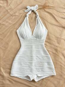 Soleia 女士假日白色波浪针织纹理 V 领露背系带连体衣，合身，适合派对、约会、海滩度假、下午茶 - 白色 - 查看 5