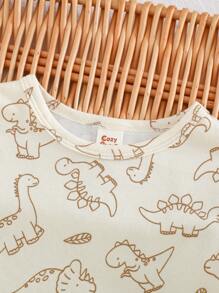 Cozy Pixies Set de 2 piezas para bebé niño: Parte superior de punto de cuello redondo de manga corta con estampado de animales de dibujos animados y pantalones cortos de cintura elástica