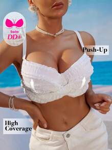 Swim DD+ DD+ Cup Size Women Swimwear Top, White Textured Fabric With Cross-Front Strap Design, Underwire Support, Suitable For Beach, Vacation, Swimming, For Larger Bust - White - View 5