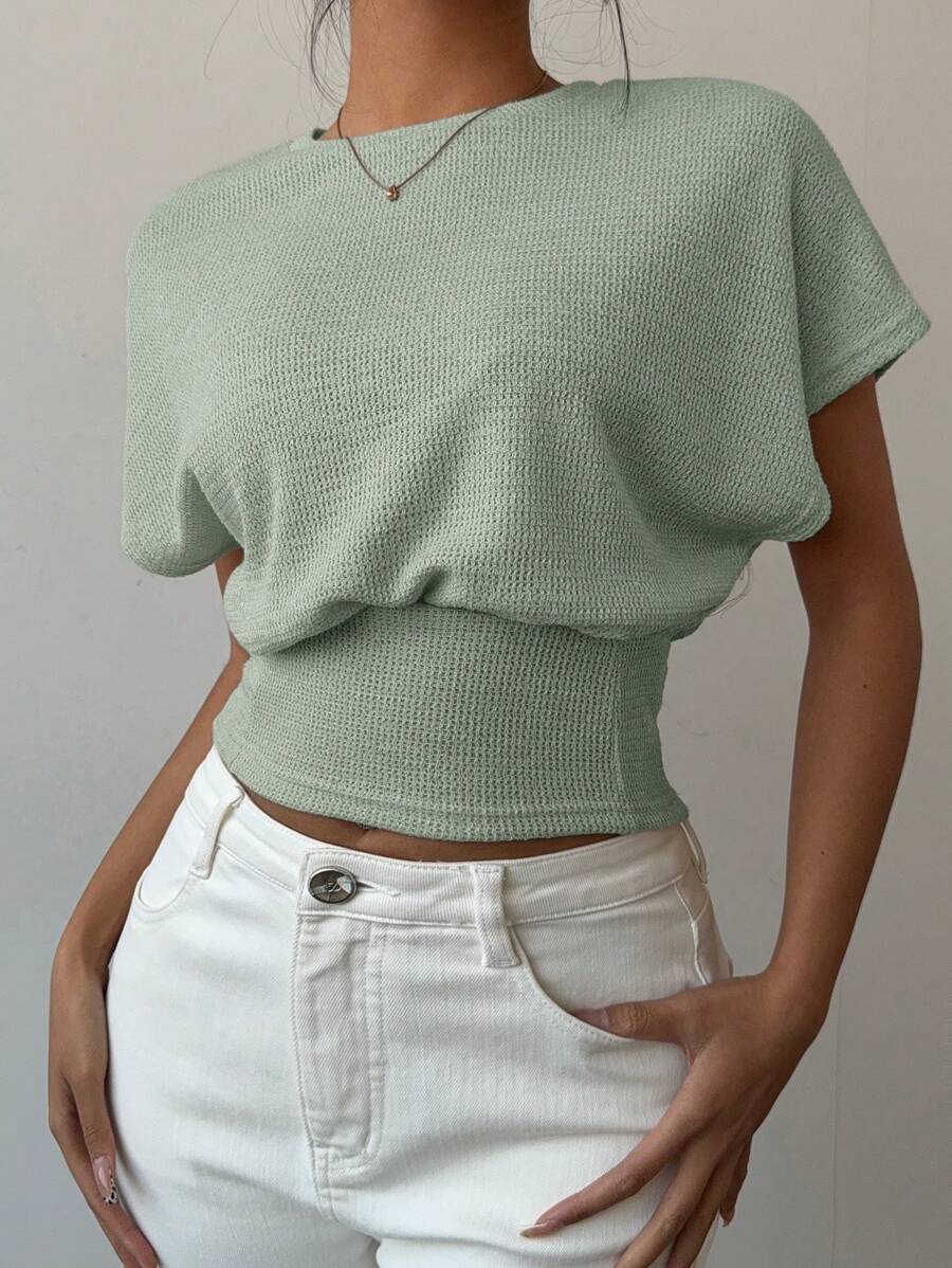 Aloruh Camiseta de punto ajustada de manga corta y lisos, minimalista y estilosa para mujeres