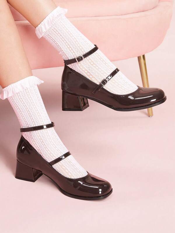 CUCCOO DOLLMOD Coffee Brown Shiny Patent Leather Ankle Strap Mary Jane Pumps, Comfortable Chunky Heels, Suitable For Commute, Date, Party, School And Various Occasions