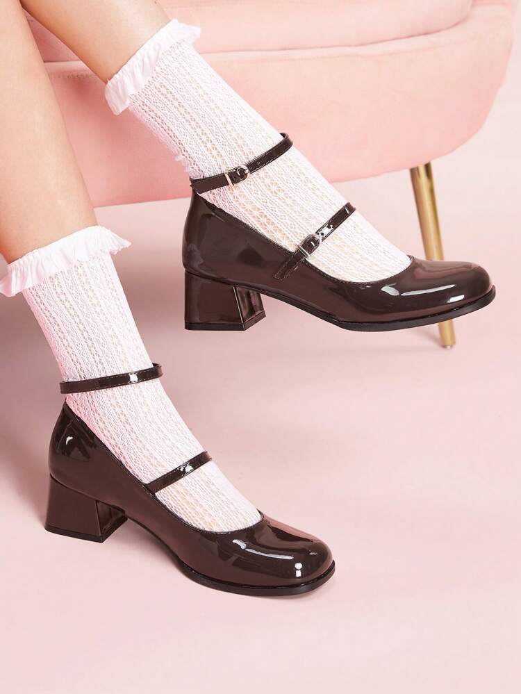 CUCCOO DOLLMOD Coffee Brown Shiny Patent Leather Ankle Strap Mary Jane Pumps, Comfortable Chunky Heels, Suitable For Commute, Date, Party, School And Various Occasions For Christmas Spring Shoes