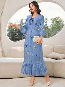 Modelyn 女士花卉印花系带喇叭袖优雅度假连衣裙 - 藍色 - 查看 4