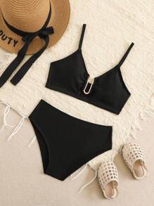 Conjunto de bikini para niña preadolescente con parte superior y Bottom de un solo color conectado con aro en forma de U