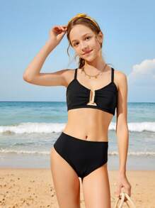 Conjunto de bikini para niña preadolescente con parte superior y Bottom de un solo color conectado con aro en forma de U