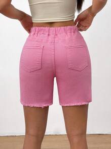 Women's Summer Casual Solid Color Drawstring Waist Denim Shorts - Pink - View 2