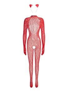 2 piezas Lencería de mujer sin entrepierna, sensual y tentador disfraz de estampado leopardo de malla de red - Rojo - Ver 3