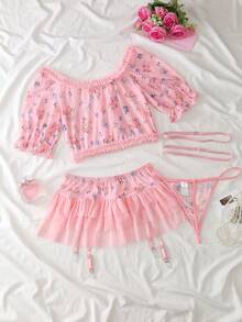 Spicy Aura 4pcs/Set Romantic Floral Print Lace Cross-Tied Sexy Lingerie Set For Women, Valentine's Day - Pink - View 2