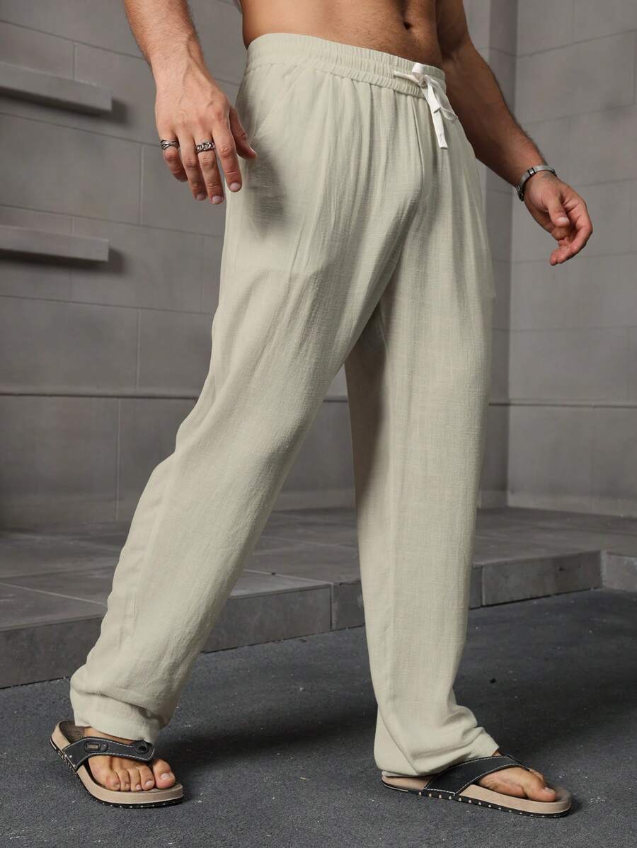 Manfinity RSRT 男士松紧腰亚麻白色裤子休闲宽松长裤 - 杏色 - 查看 1