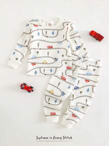 Cozy Pixies Baby Boy Snug Fit Pajamas 2 Pieces Set - Cartoon Car Print Soft Knitted Crew Neck Long Sleeve Top And Elastic Waist Long Pants