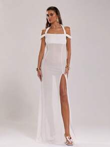 SHEIN BAE Women Open Shoulder Solid Color Side Slit Hem Sexy Cover-Up Dress - White - View 5