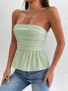 SHEIN PETITE Ruched Backless Peplum Tube Women Crop Top,Tube Top - Mint Green - View 3