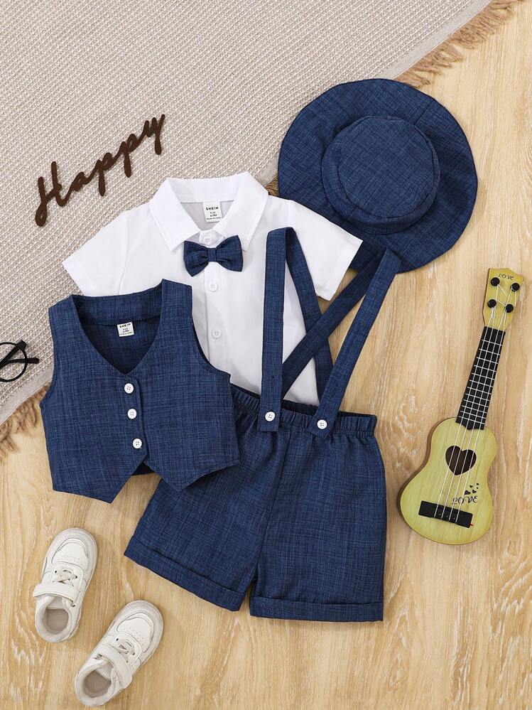 Souflis Souflis Baby Boy Elegant Vintage Style Shirt With Bowtie + Jacquard Blue Suspender Shorts, Gentleman Outfit Suitable For Holiday And Formal Occasions - Royal Blue - View 1