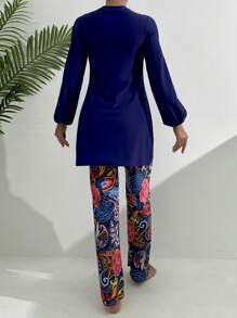 Swim Mulvari 女士海滩夏季服装：1 套纯色长袖圆领连衣裙 + 彩色印花长裤休闲假日布基尼套装