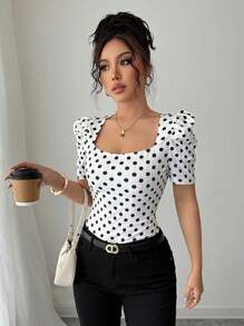 Elenzga 女士时尚优雅性感休闲短袖 T 恤，带褶饰的宝石领口，泡泡袖设计，黑/白圆点印花，修身款式，适合度假、春/夏季 - 彩色 - 查看 4